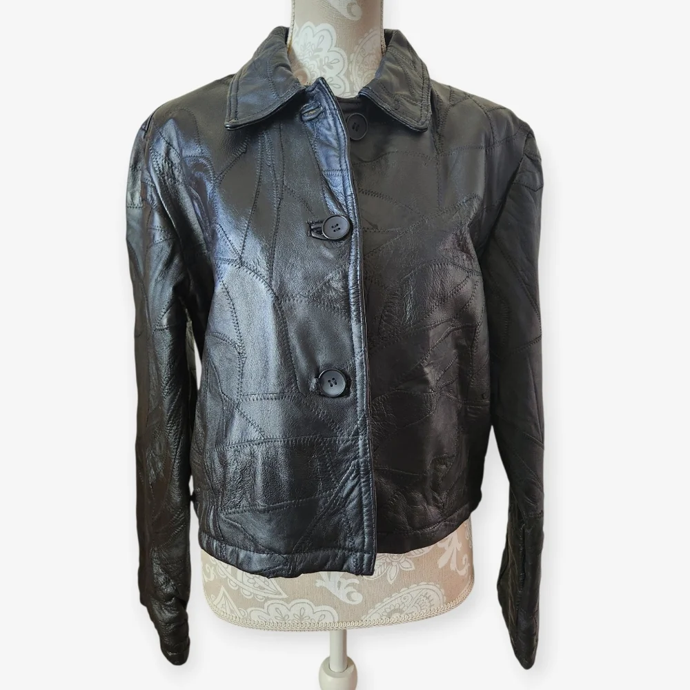 Italian Stone Design Navarre Baddie Patchwork Black Leather Jacket Large/XL